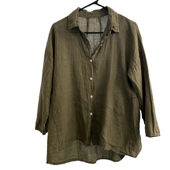Asymmetrical Jade color Linen button down - Picture 6 of 6